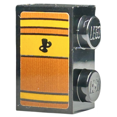 black brick 1 x 2 with book spine bright light orange and orange stripes black lines and goblet pattern sticker - set 76411