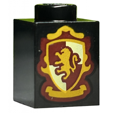 black brick 1 x 1 with bright light orange bright light yellow and dark red gryffindor house lion crest pattern