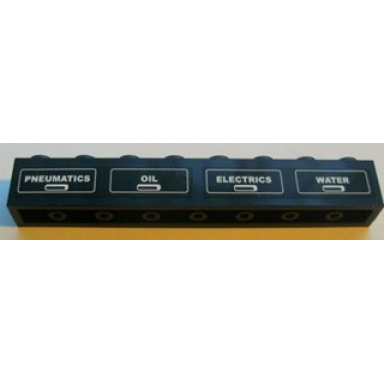 black brick 1 x 8 with white pneumatics oil electrics and water on black background pattern stickers - set 7939