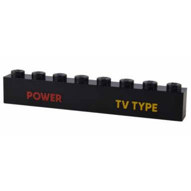 black brick 1 x 8 with red power and bright light orange tv type pattern