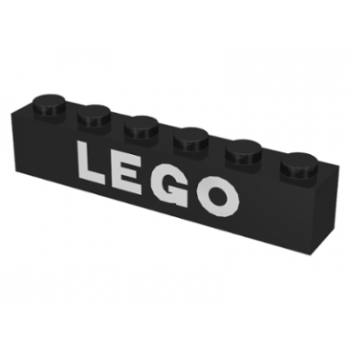 black brick 1 x 6 with white lego text pattern