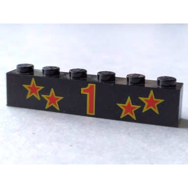 black brick 1 x 6 with red number 1 and stars with yellow border pattern