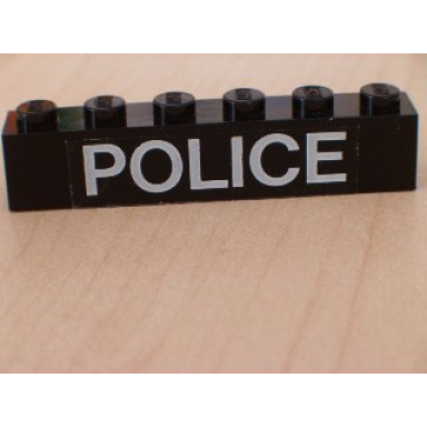 black brick 1 x 6 with white police sans-serif thin pattern sticker - set 6540