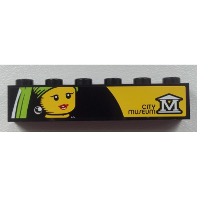 black brick 1 x 6 with city museum with m logo and female minifigure head painting pattern sticker - set 60026