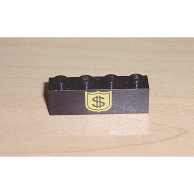 black brick 1 x 4 with black dollar sign on yellow badge pattern