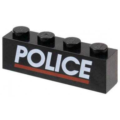 black brick 1 x 4 with white police and red line pattern
