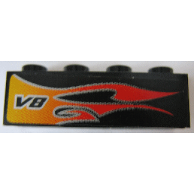 black brick 1 x 4 with flame and v8 left pattern sticker - set 8643