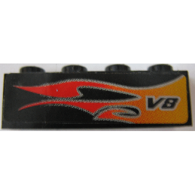 black brick 1 x 4 with flame and v8 right pattern sticker - set 8643