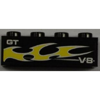 black brick 1 x 4 with gt v8 and yellow flame pattern model left side sticker - set 8186