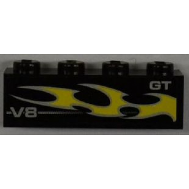 black brick 1 x 4 with v8 gt and yellow flame pattern model right side sticker - set 8186