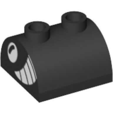 black slope curved 2 x 2 double with 2 hollow studs with white eye and smile with teeth pattern on both ends super mario torpedo ted face