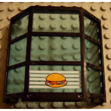 black window bay 3 x 8 x 6 with fixed trans-light blue glass with hamburger on white stripes pattern