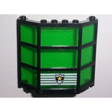 black window bay 3 x 8 x 6 with fixed trans-green glass with yellow star police shield logo on white stripes pattern