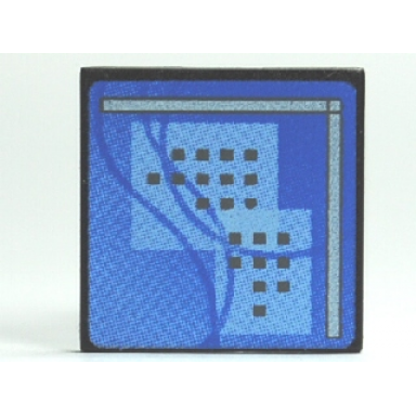 black road sign 2 x 2 square with clip with curved blue lines and small black squares pattern computer screen