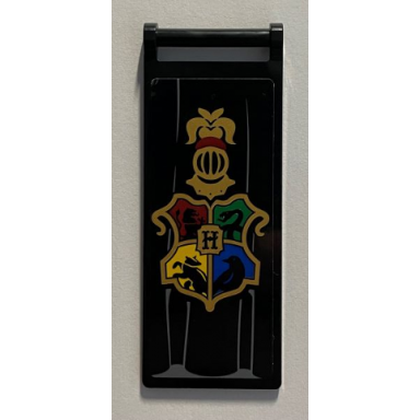 black flag 7 x 3 with bar handle with gold hogwarts coat of arms on black drape pattern sticker - set 76389