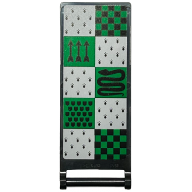 black flag 7 x 3 with bar handle with hp slytherin house banner green and light bluish gray squares snake shields and arrows pattern on both sides stickers - set 76416