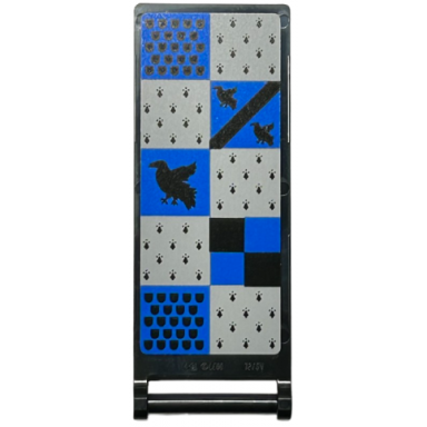 black flag 7 x 3 with bar handle with hp ravenclaw house banner blue and light bluish gray squares stripe shields and ravens pattern on both sides stickers - set 76416