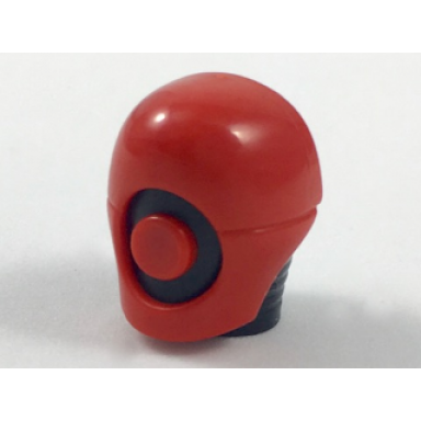 black minifigure head modified helmet with neck ridges and red mask with red circle pattern
