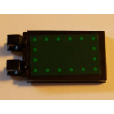 black tile modified 2 x 3 with 2 clips angled with dark green cover and green bolts pattern sticker - set 7782