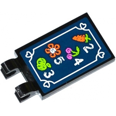 black tile modified 2 x 3 with 2 clips with carrot cherry flower apple and price numbers on dark blue background pattern sticker - set 41108