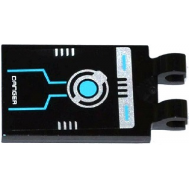 black tile modified 2 x 3 with 2 clips with danger and silver and medium azure circuitry pattern sticker - set 70173