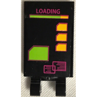 black tile modified 2 x 3 with 2 clips with magenta loading and light orange and lime elements pattern sticker - set 79117