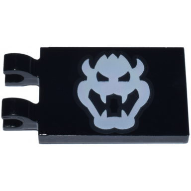 black tile modified 2 x 3 with 2 clips with white bowser head pattern