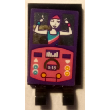 black tile modified 2 x 3 with 2 clips with female aerobics instructor and pink screen with buttons pattern sticker - set 41312