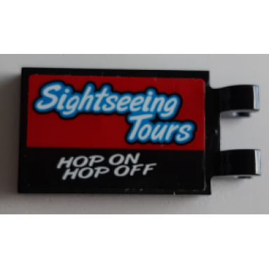 black tile modified 2 x 3 with 2 open o clips with sightseeing tours and hop on hop off pattern sticker - set 60200
