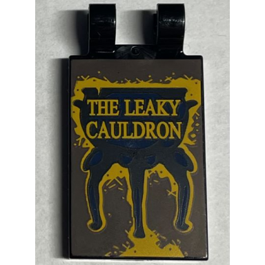 black tile modified 2 x 3 with 2 open o clips with gold the leaky cauldron sign pattern