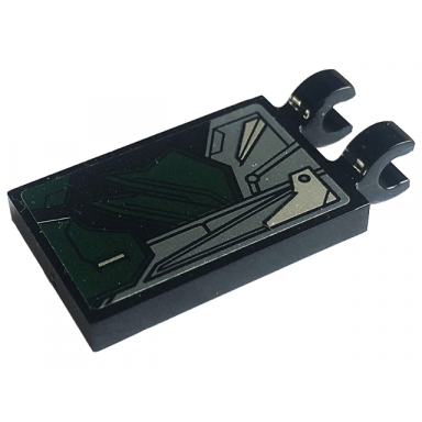 black tile modified 2 x 3 with 2 open o clips with dark green dark bluish gray and silver armor plates pattern model left side sticker - set 76195