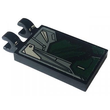 black tile modified 2 x 3 with 2 open o clips with dark green dark bluish gray and silver armor plates pattern model right side sticker - set 76195