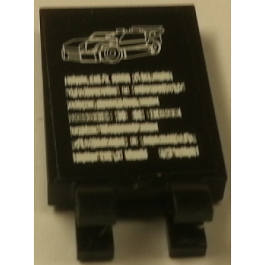 black tile modified 2 x 3 with 2 u clips with car and illegible car specs on black background pattern sticker - set 8154