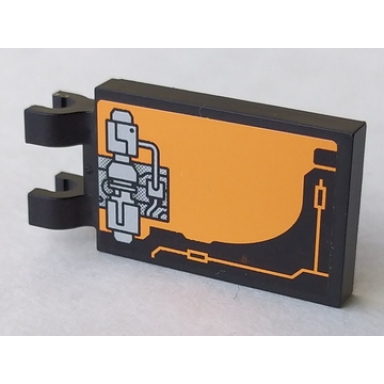 black tile modified 2 x 3 with 2 u clips with silver mechanical pattern model left side sticker - set 8970