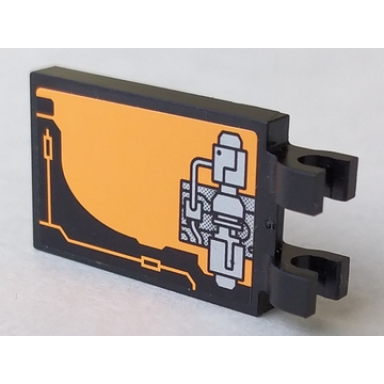 black tile modified 2 x 3 with 2 u clips with silver mechanical pattern model right side sticker - set 8970