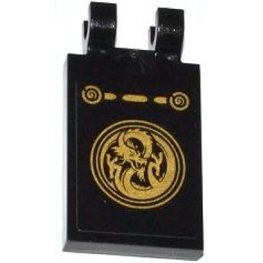 black tile modified 2 x 3 with 2 clips with gold dragon pattern sticker - set 70505