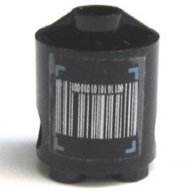 black brick round 2 x 2 x 2 robot body with sand blue brackets and barcode pattern on both sides stickers - set 7703