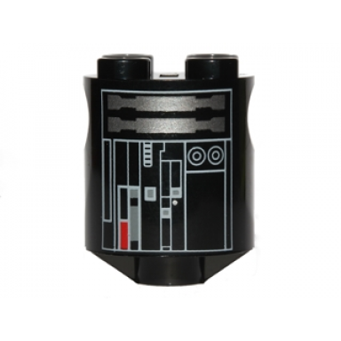 black brick round 2 x 2 x 2 robot body with gray lines and red and silver pattern imperial astromech droid