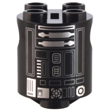 black brick round 2 x 2 x 2 robot body with silver and dark bluish gray lines rectangles and droid details pattern r2-e6