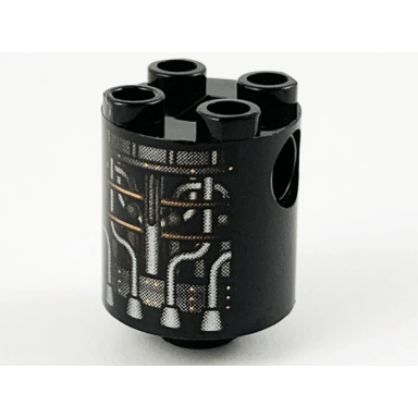 black brick round 2 x 2 x 2 robot body with silver and copper tubing pattern