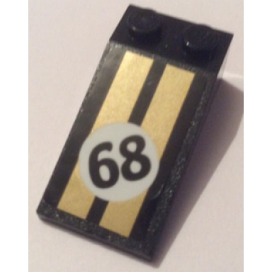 black slope 18 4 x 2 with gold stripes and black 68 in white circle pattern sticker - set 75884