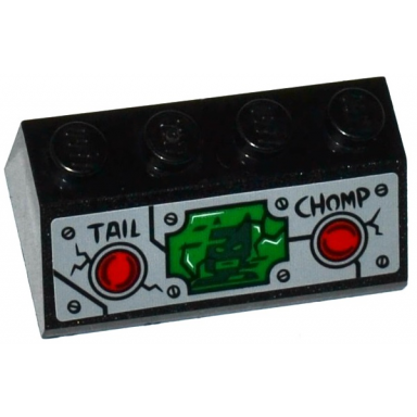 black slope 45 2 x 4 with 2 red buttons tail chomp and batman head on green screen pattern sticker - set 76055