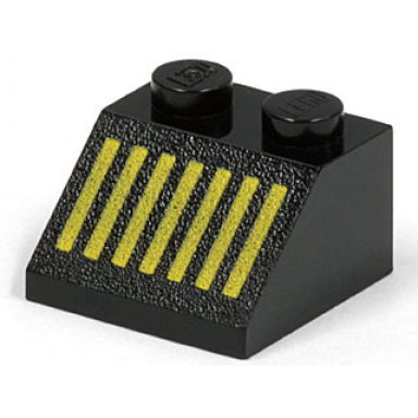 black slope 45 2 x 2 with yellow grille with 7 vertical lines pattern