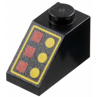 black slope 45 2 x 1 with 3 large red lamps 3 large yellow buttons and thin border pattern