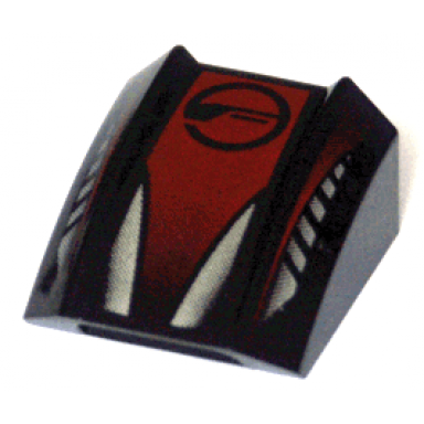 black slope curved 2 x 2 lip with silver and red with circle pattern
