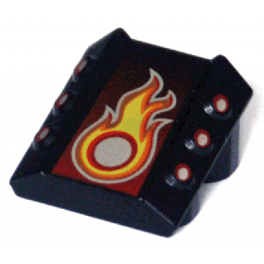 black brick modified 2 x 2 no studs sloped with 6 side pistons raised with silver red and yellow flame pattern