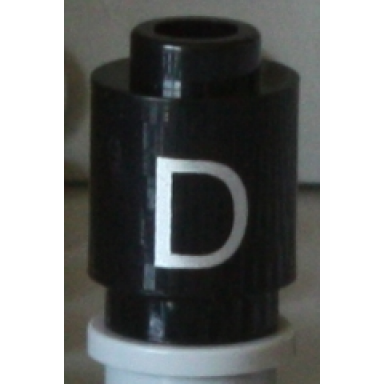 black brick round 1 x 1 with silver capital letter d pattern