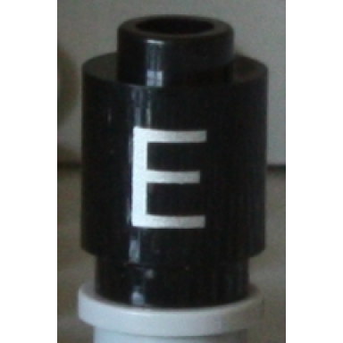 black brick round 1 x 1 with silver capital letter e pattern