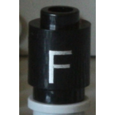 black brick round 1 x 1 with silver capital letter f pattern
