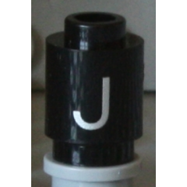 black brick round 1 x 1 with silver capital letter j pattern